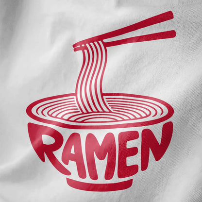 Close-up of white fabric showing red stylized ramen bowl design with chopsticks and noodle art.