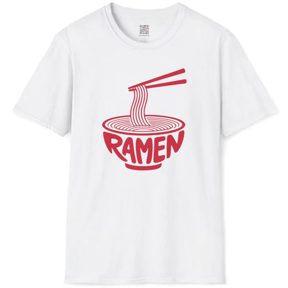 White flatlay of t-shirt showcasing red minimalist ramen bowl design with chopsticks and noodles.