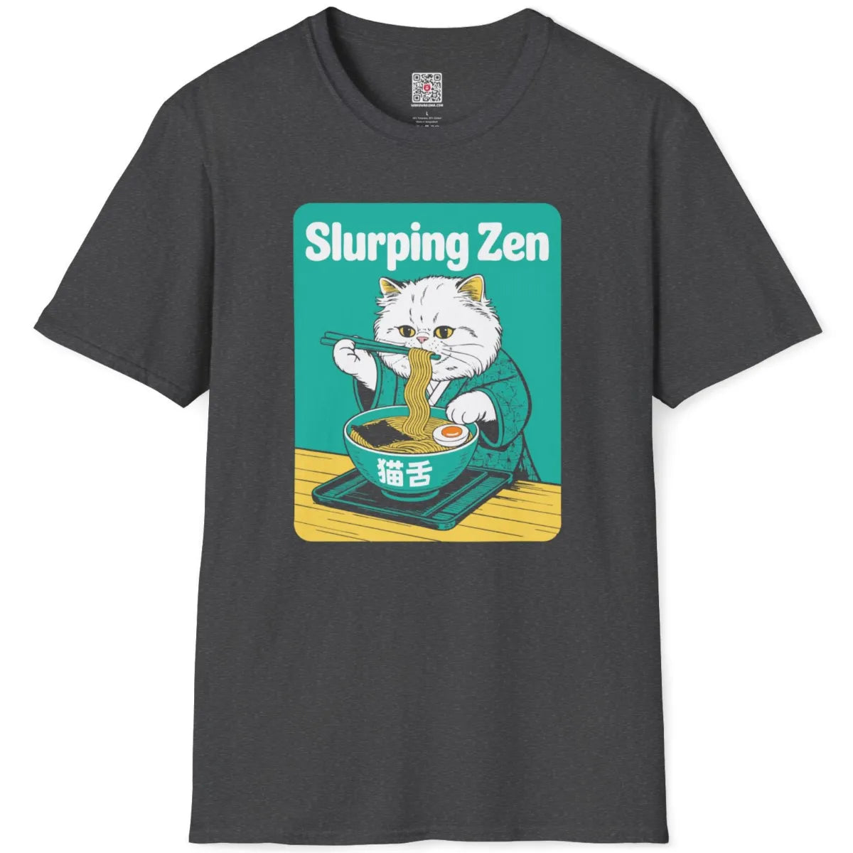 Dark heather t-shirt flatlay showing cartoon cat in red kimono eating ramen, cozy food art.