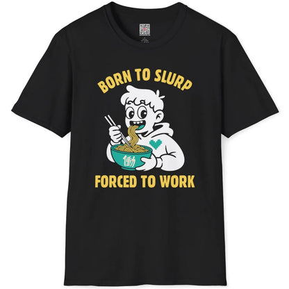 Black t-shirt flatlay with nostalgic ramen cartoon, bold font, and orange noodle bowl graphic.