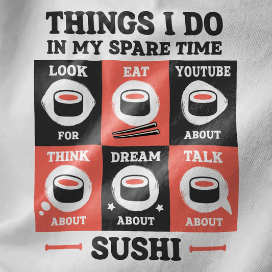 Closeup of playful sushi t-shirt grid on white fabric, featuring bold typography and minimalist sushi rolls.