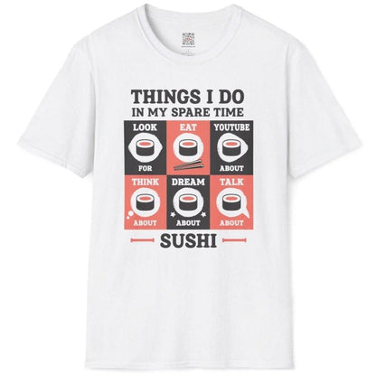 Flatlay of white sushi t-shirt featuring playful sushi grid, bold text, and minimalist sushi rolls.