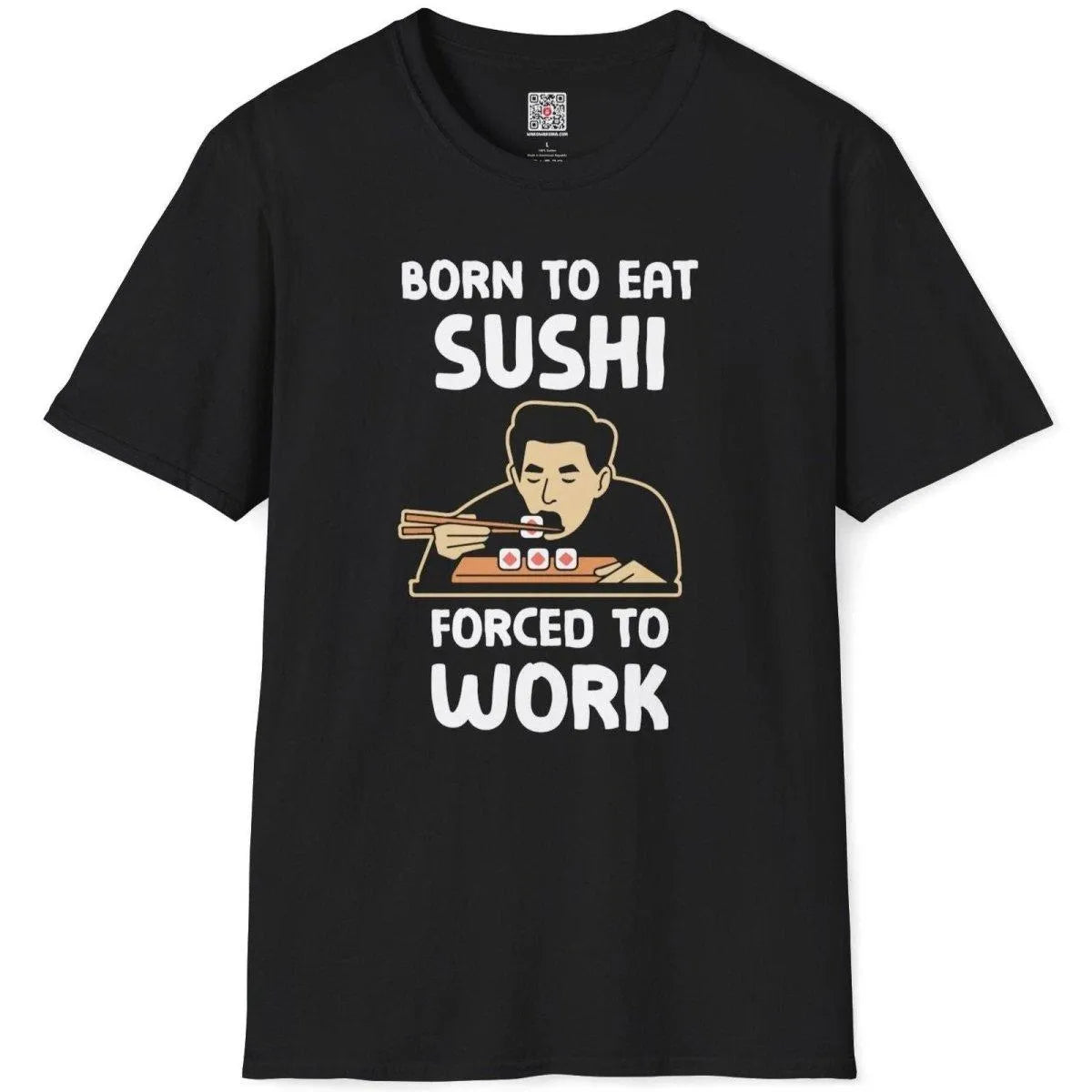 Flatlay black t-shirt with man savoring sushi, playful text, and chopsticks, sushi t-shirt, sushi culture.