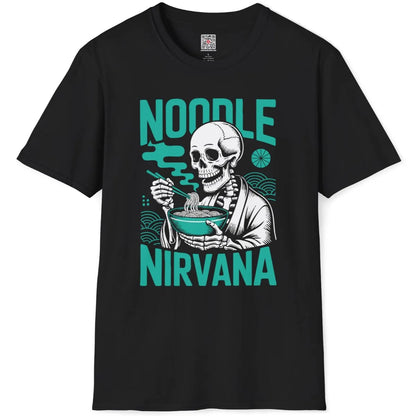 Black t-shirt flatlay with skeleton ramen design and bold orange "NOODLE NIRVANA" text.
