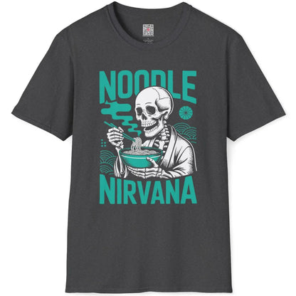 Dark heather t-shirt flatlay featuring vintage-style skeleton savoring ramen in orange bowl.