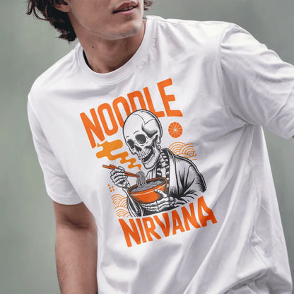 Male model wearing white t-shirt with skeleton in kimono eating ramen, orange text above and below.