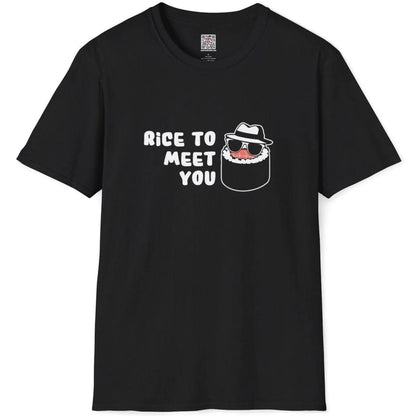 Black flatlay t-shirt featuring kawaii sushi with fedora, sunglasses, and bold sushi pun text, graphic design t shirt.