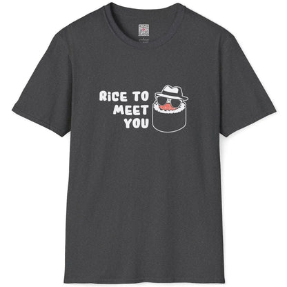 Dark heather flatlay t-shirt with modern sushi design, bold typography, and humorous sushi pun, pop art shirt.
