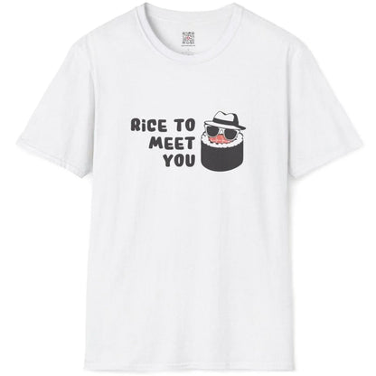 White flatlay t-shirt with cartoonish sushi in fedora, sunglasses, and playful "RICE TO MEET YOU" slogan, sushi art.