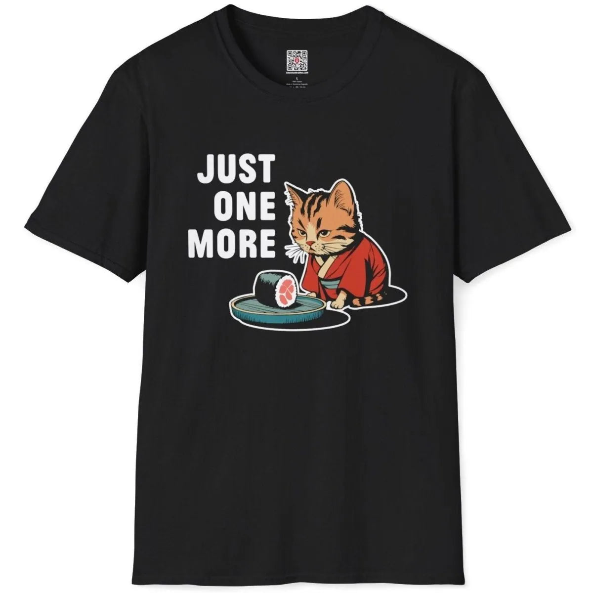 Black flatlay t-shirt with cute kimono cat, sushi, and humorous "JUST ONE MORE" design, cat sushi, whimsical cat.