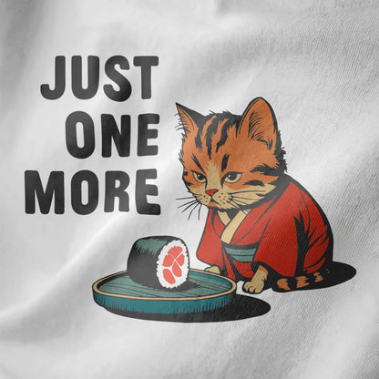 Orange tabby cat in red kimono with sushi and "JUST ONE MORE" text on white fabric, kawaii clothes, sushi art.