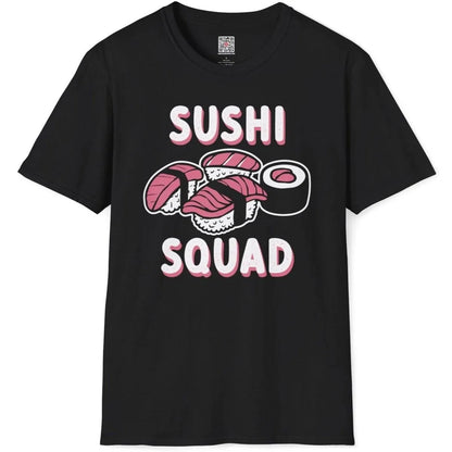 Black flatlay t-shirt with cartoon sushi and bold pink "SUSHI SQUAD" text in distressed font. sushi shirt, sushi squad