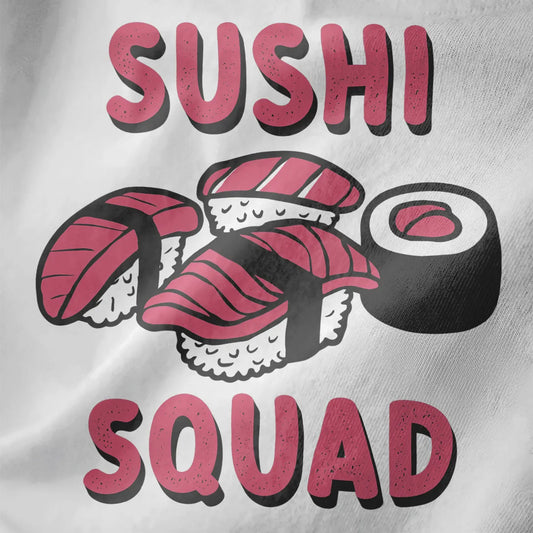 Three pink fish nigiri and maki roll with bold "SUSHI SQUAD" text on white shirt. sushi shirt, sushi squad, kawaii clothes