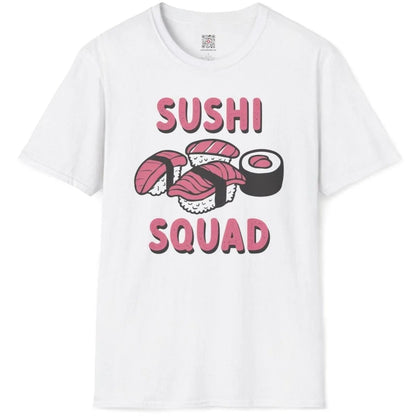 White flatlay t-shirt with playful sushi pieces and bold pink "SUSHI SQUAD" text. sushi shirt, sushi squad