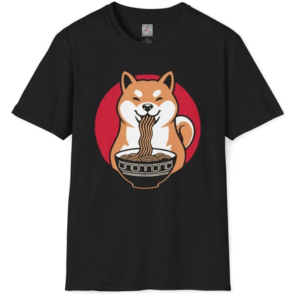 Flatlay black t-shirt with cheerful Shiba Inu eating ramen, bold red background. ramen t-shirt, kawaii clothes.