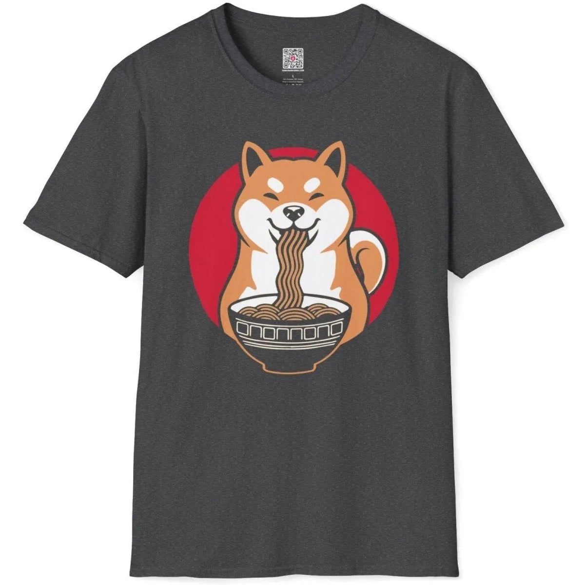 Flatlay dark heather t-shirt with playful Shiba Inu eating ramen, red circle background. ramen t-shirt, dog shirt.