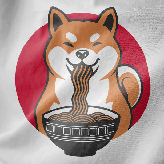 Shiba Inu dog happily eating ramen in red circle on white shirt. ramen t-shirt, shiba inu shirt.