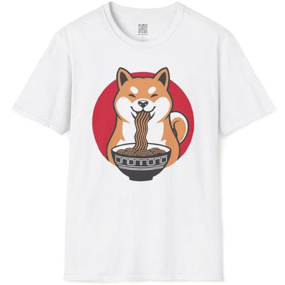 Flatlay white t-shirt with happy Shiba Inu eating ramen in red circle. ramen t-shirt, ramen joy.