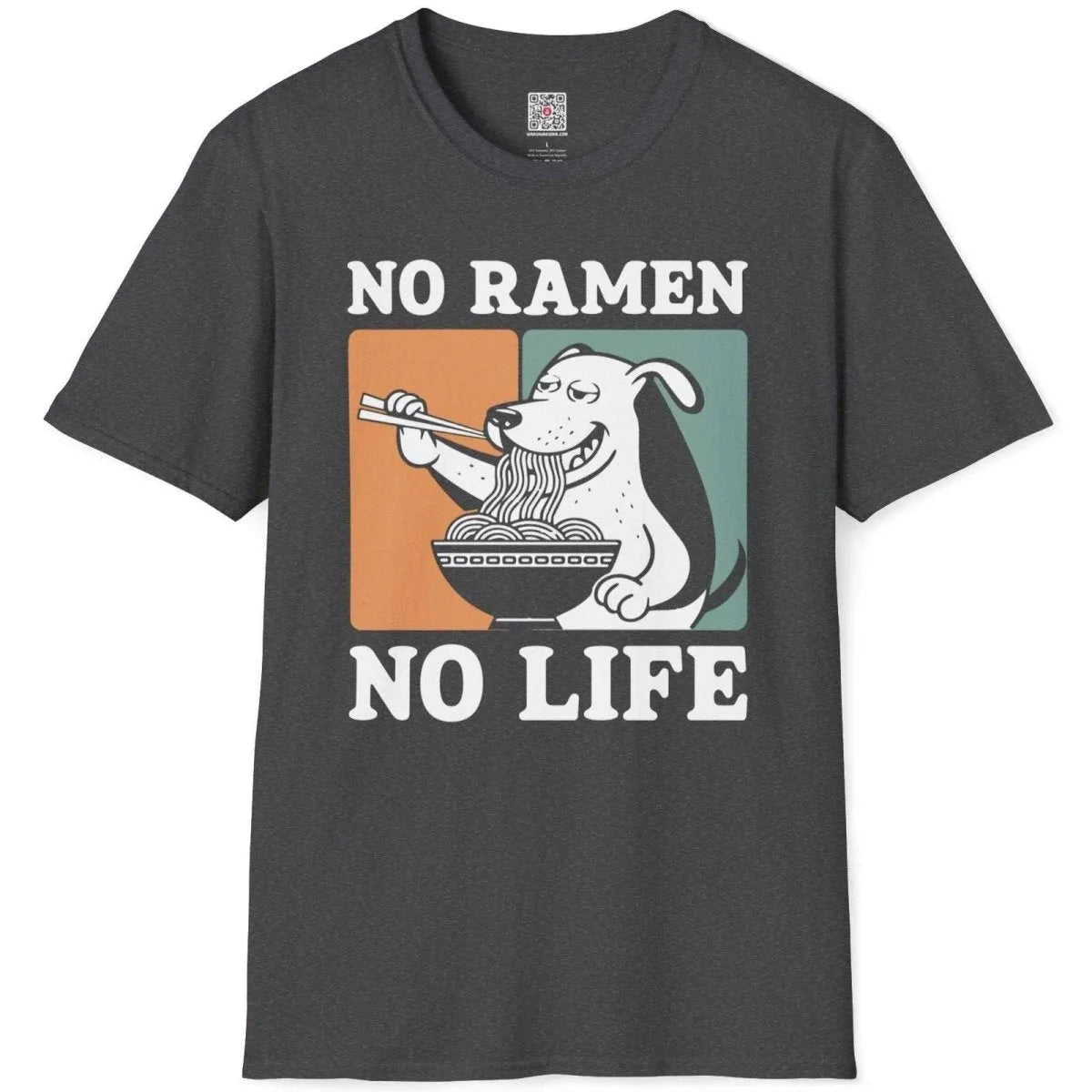 Dark heather t-shirt flatlay, dog enjoying ramen, funny shirts with sayings, contrast art, streetwear shirts.