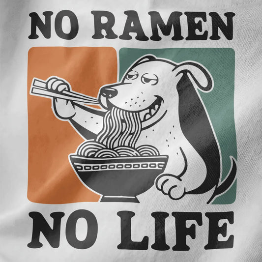 Playful dog eating ramen with chopsticks on white fabric, bold typography, japanese t-shirts, ramen t-shirt.