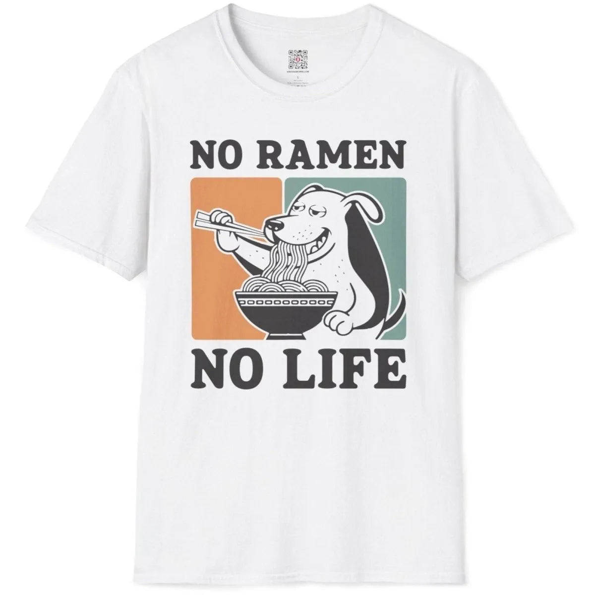 White t-shirt flatlay featuring dog with ramen bowl, junk food shirt, ramen joy, graphic t-shirts stores.