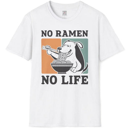 White t-shirt flatlay featuring dog with ramen bowl, junk food shirt, ramen joy, graphic t-shirts stores.