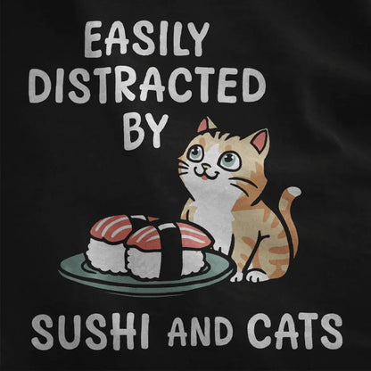 Curious cat and sushi plate on black fabric, japanese t-shirts, sushi culture, cat sushi.