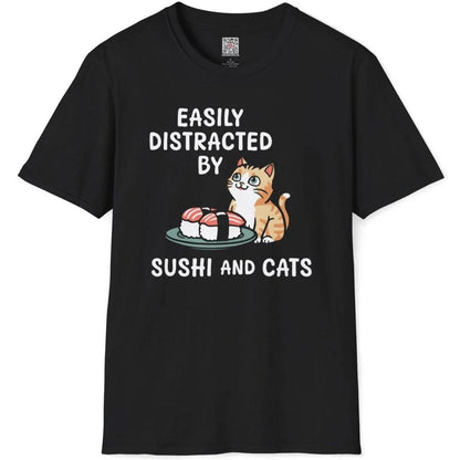 Black t-shirt flatlay, orange cat gazing at sushi, humorous quote, sushi shirt, vibrant style.