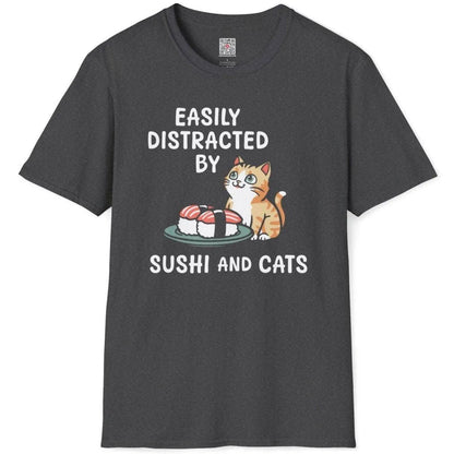 Dark heather t-shirt flatlay, whimsical cat with sushi, sushi t-shirt, pastel aesthetics, cat t-shirt shirts.