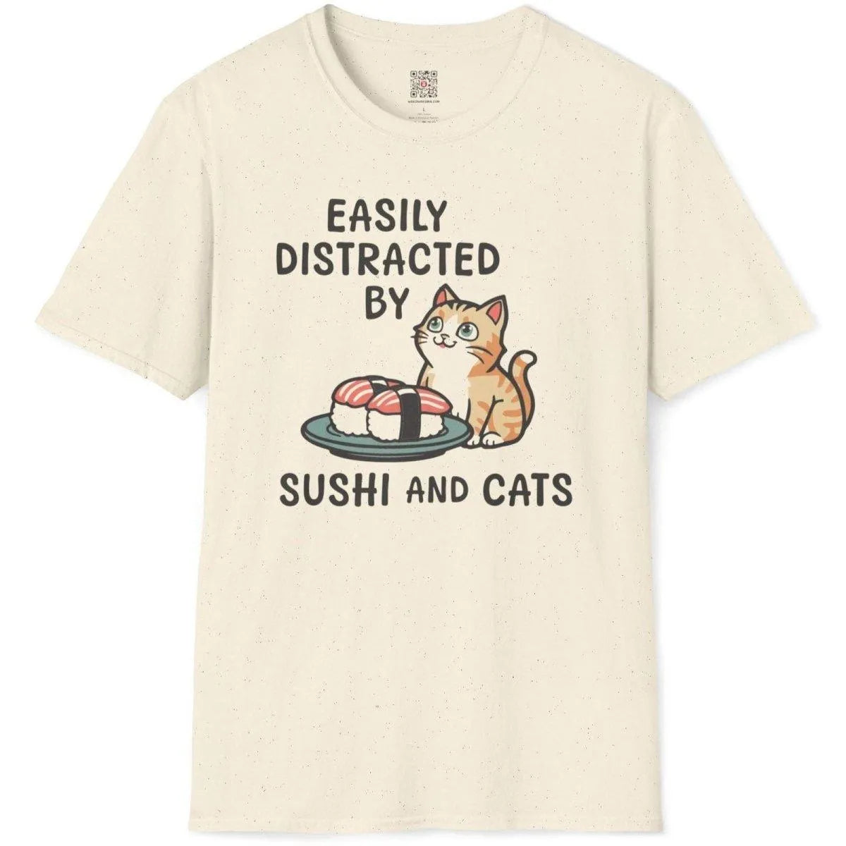 Natural t-shirt flatlay, orange cat and sushi, sushi t-shirt, kawaii sushi, cultural symbolism.