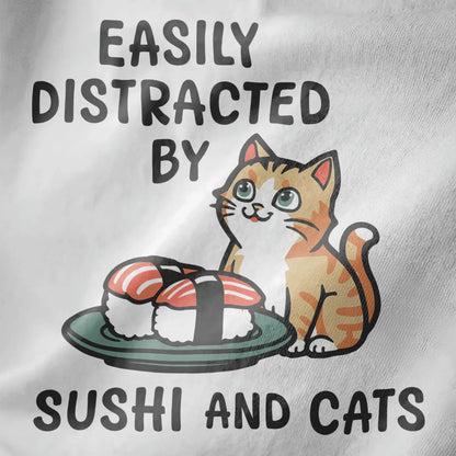 Cute orange cat with sushi plate on white fabric, sushi shirt, funny cat shirt, kawaii sushi.