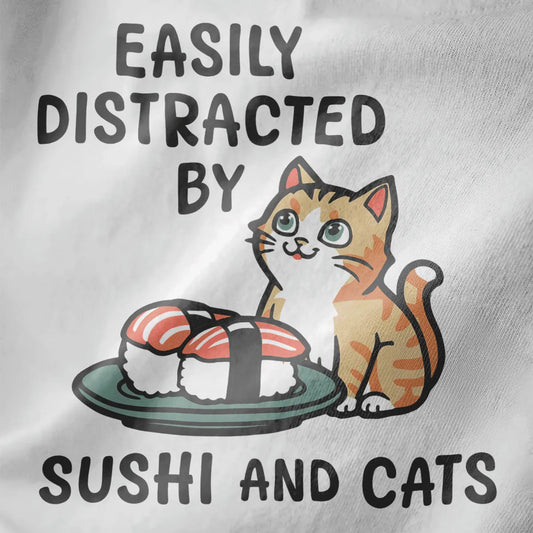 Cute orange cat with sushi plate on white fabric, sushi shirt, funny cat shirt, kawaii sushi.