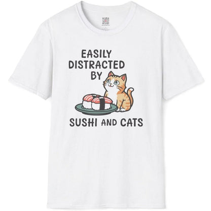 White t-shirt flatlay with cat and sushi, funny cat shirt, japanese inspired clothes, sushi culture.