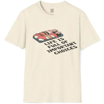 Flatlay of natural shirt with mouthwatering sushi design and playful phrase; foodie style, positive messaging.