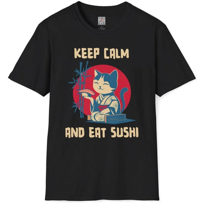 Black t-shirt flatlay with a whimsical cat in kimono savoring nigiri, bamboo and red circle, sushi culture.