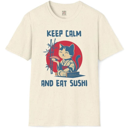 Natural t-shirt flatlay with a charming cat in traditional kimono, sushi, bamboo, and vibrant Japanese style.