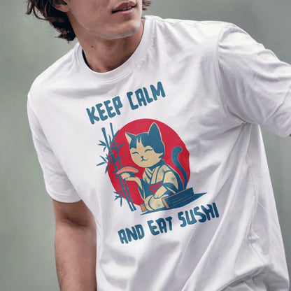Male model in white t-shirt featuring a cute kimono cat with sushi, Japanese flag motif, and bamboo.