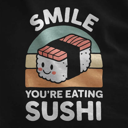 Black fabric close-up, happy nigiri sushi illustration, bold letters, japanese t-shirts, positive messaging.