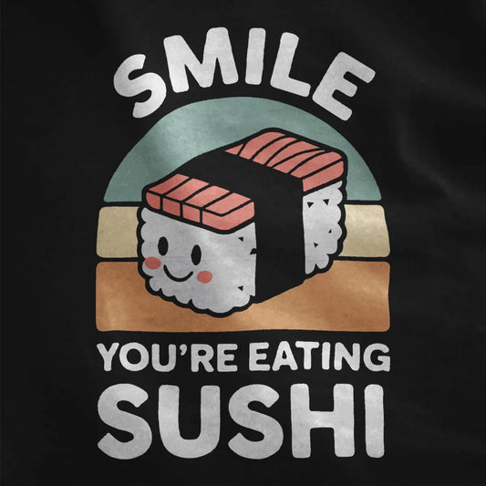 Black fabric close-up, happy nigiri sushi illustration, bold letters, japanese t-shirts, positive messaging.