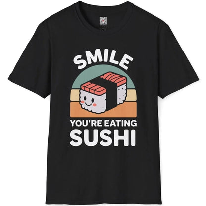 Black flatlay, cute nigiri sushi with rosy cheeks, "YOU'RE EATING SUSHI," sushi shirt, foodie style.