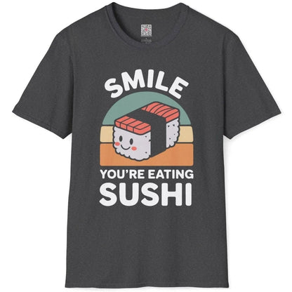 Dark heather flatlay, cute sushi face, pastel background, sushi t-shirt, kawaii sushi.
