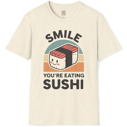 Natural flatlay, cheerful nigiri sushi, "SMILE" and "YOU'RE EATING SUSHI," sushi shirt, bold typography.