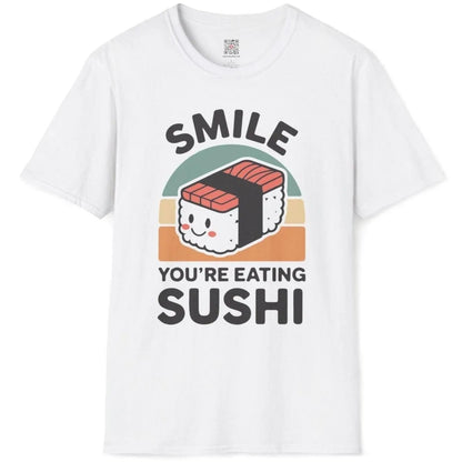 White flatlay, smiling sushi with pink tuna, bold text, japanese t-shirts, positive messaging.