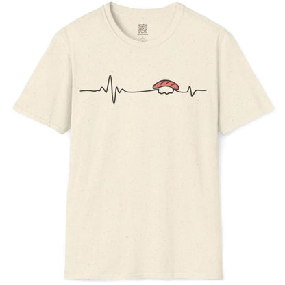 Sushi heartbeat design on natural t-shirt flatlay, minimalist t shirt, sushi pun, positive messaging.