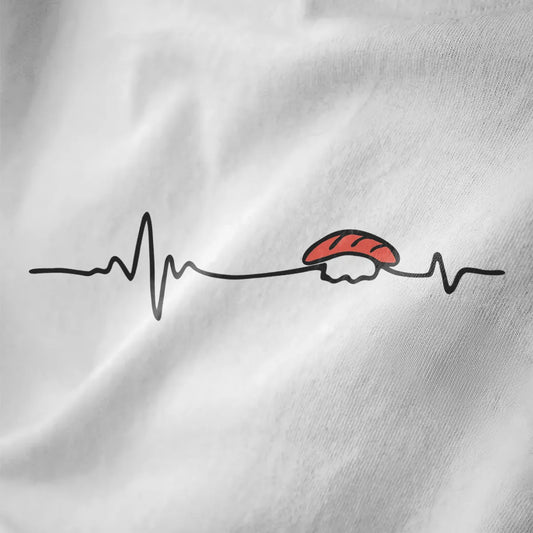 Minimalist heartbeat line with salmon nigiri sushi on white fabric, sushi t-shirt, minimalist t shirt, visual rhythm.