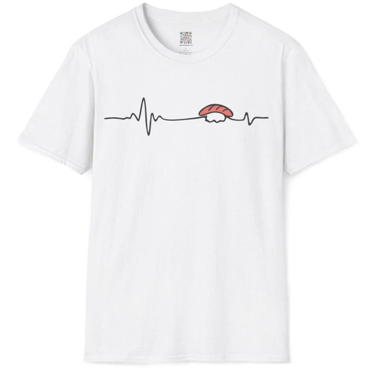 Sushi heartbeat design on white t-shirt flatlay, sushi t-shirt, minimalist t shirt, visual rhythm.
