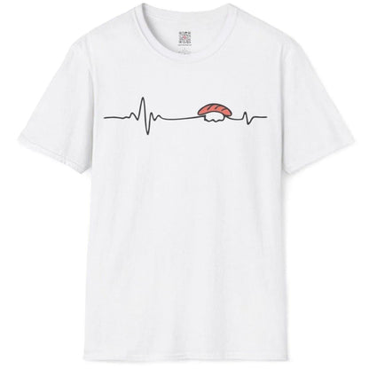Sushi heartbeat design on white t-shirt flatlay, sushi t-shirt, minimalist t shirt, visual rhythm.