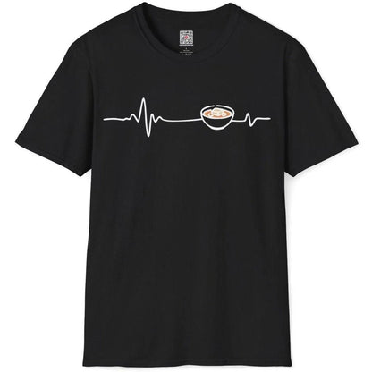 miso heartbeat design on black t-shirt flatlay, miso shirt, cultural symbolism, simple shirt design.