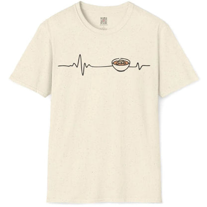 miso heartbeat design on natural t-shirt flatlay, cozy food, minimalist t shirt, graphic tees stores.