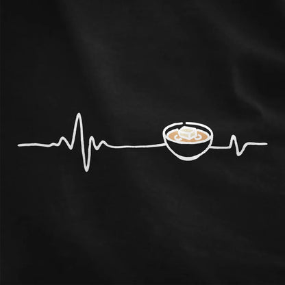 Minimalist heartbeat line with bowl of miso on black fabric, comfort food, modern tradition, heart t shirt.